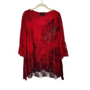 Frazzle Sz M Red Black Lace Beaded Shirt Sheer Blouse Top Fairy Grunge Goth